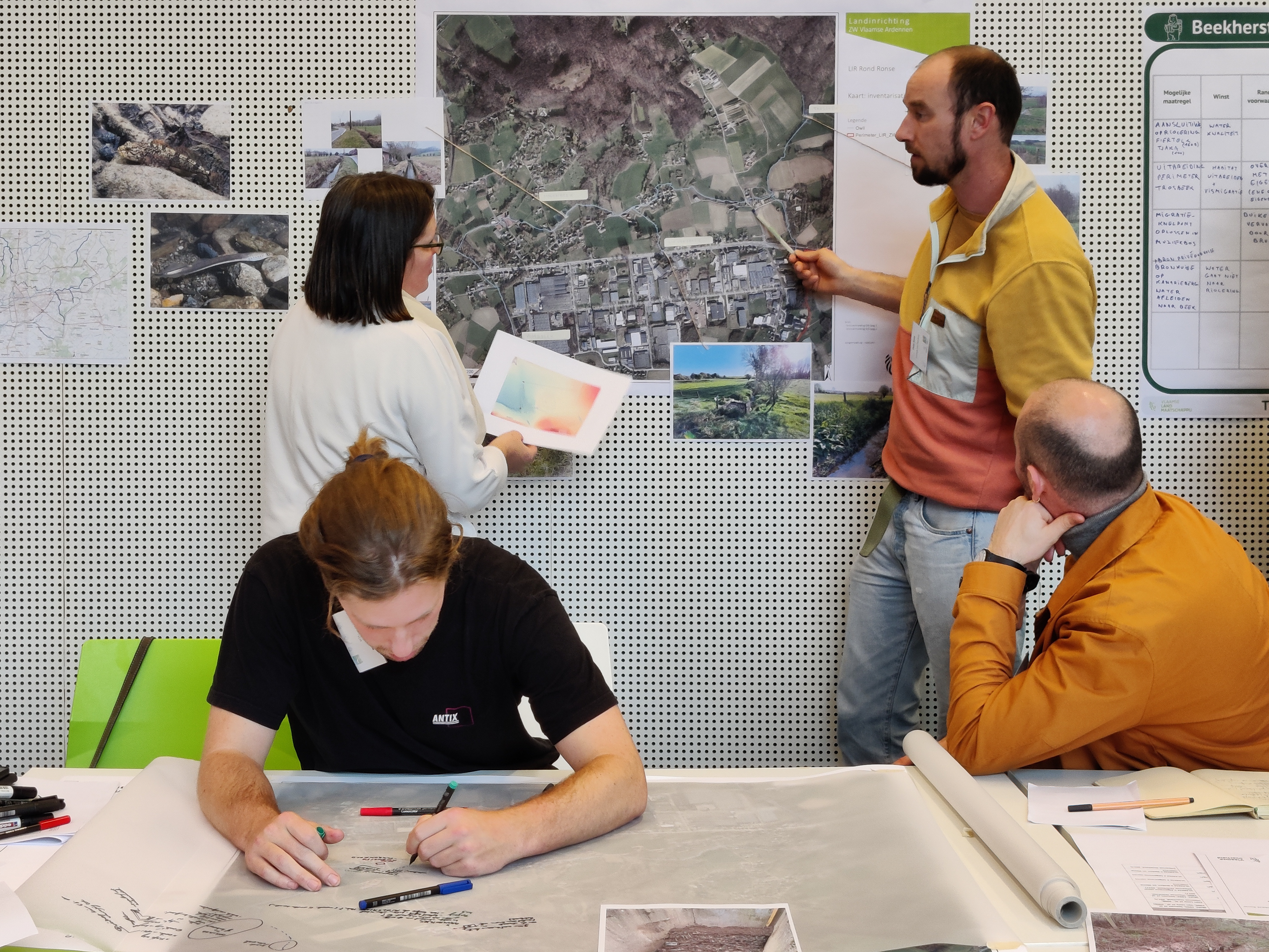 2 mensen overleggen tijdens workshop aan een muur