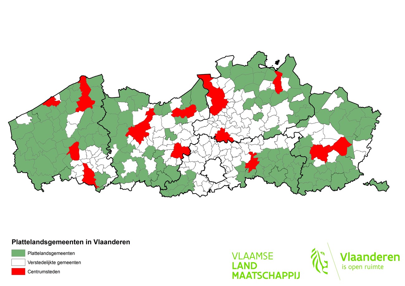 Kaart van Vlaanderen met aanduiding plattelandsgemeenten, centrumsteden en verstedelijkte gemeenten
