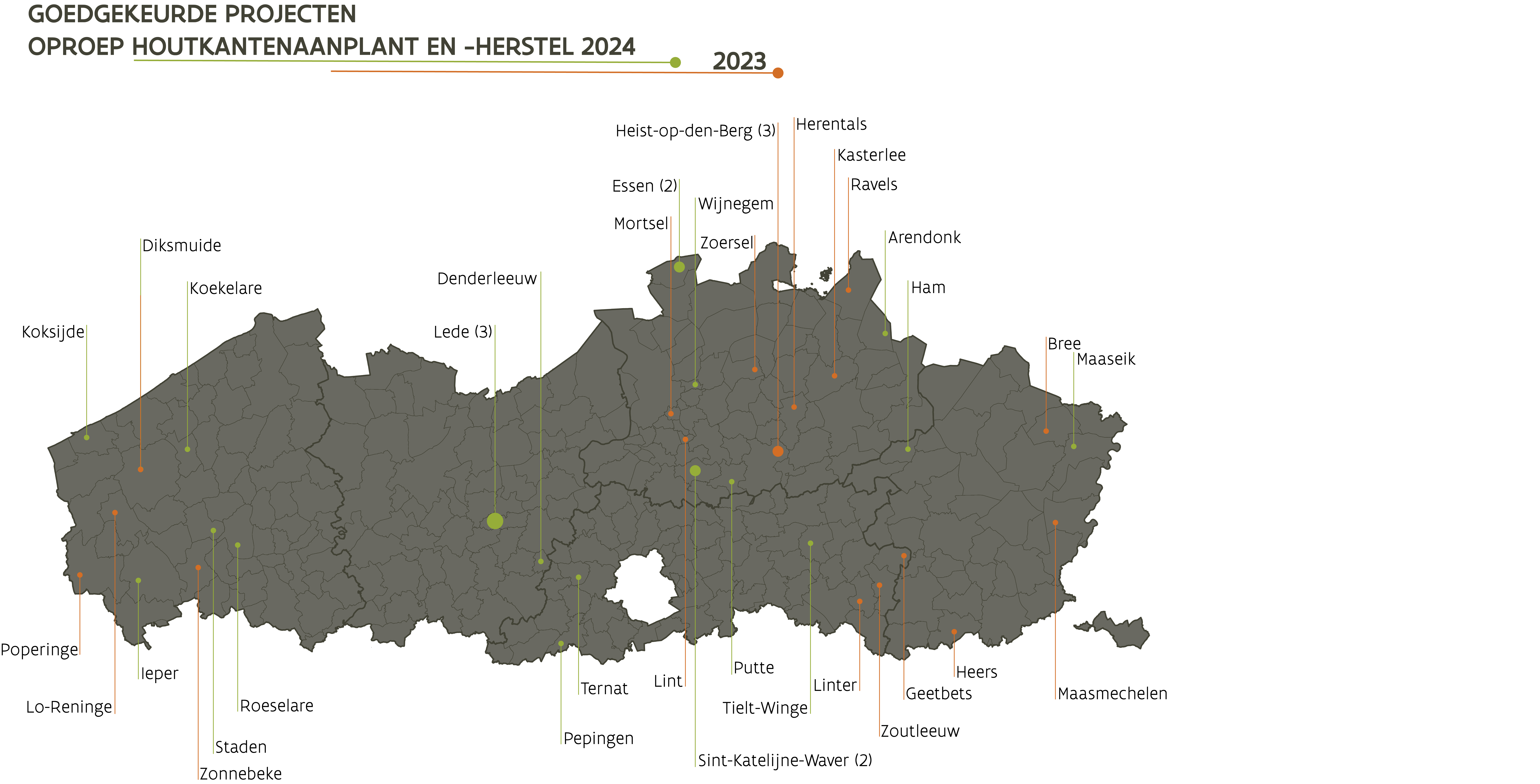 kaart met de locaties van de goedgekeurde projecten van de oproep houtkanten 2022 en 2023